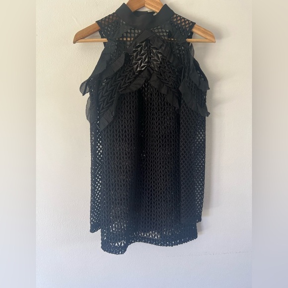 Self Portrait Black Purl Knit Combi Cold Shoulder Open Knit Ruffle Mini Dress - Picture 2 of 8